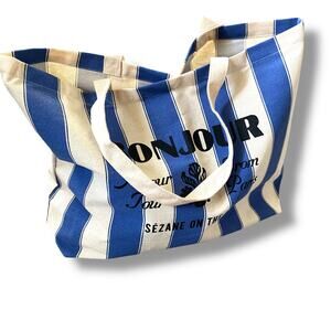 Sezane BONJOUR On the Road Blue White Cabana Stripe Large Canvas Tote Bag New